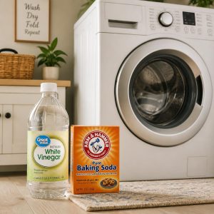 Natural washing machine cleaning products — white vinegar and baking soda