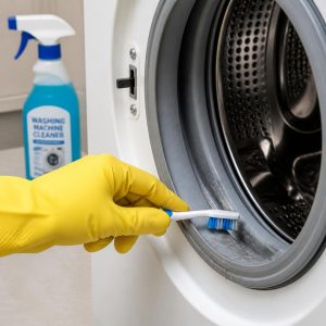 Cleaning front load washing machine door seal with toothbrush